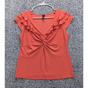 VTG Y2K Susan Lawrence Babydoll V Neck Top Size XLP Knot Ruffle Flutter Peach